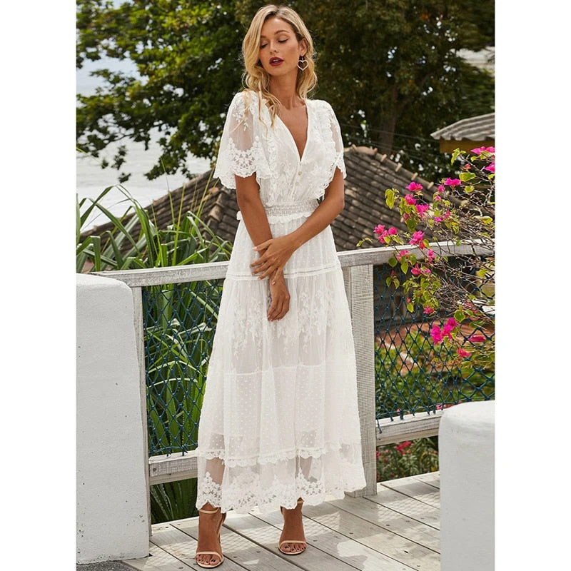 Hollow Out White Dress Sexy Women Long Lace Dress Cross Semi-Sheer Plunge V-Neck Short Sleeve Lace Maxi Dress - Deanwangkt