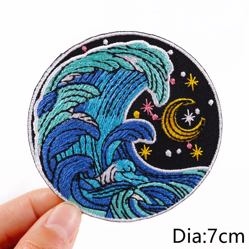 HULIANFU Van Gogh Embroidered Patches on Clothes DIY Cartoon Wave Applique Clothing Thermoadhesive Patches for Clothing DIY - Deanwangkt