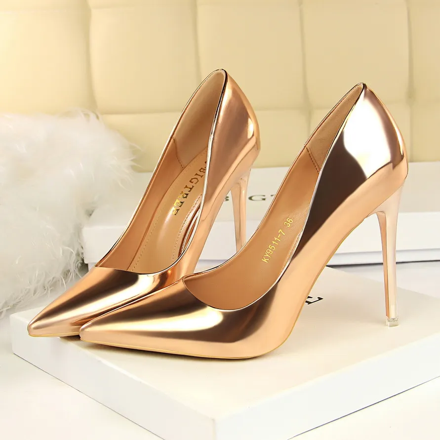 Women Patent Leather Pumps 7.5cm 10.5cm High Heels Lady Stiletto Low Heels Wedding Bridal Mteallic Silver Gold Sparkly Shoes - Deanwangkt