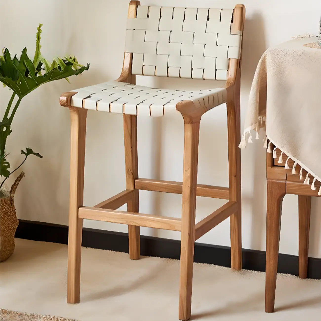 Rustic Faux Leather Wooden Woven Bar Stool