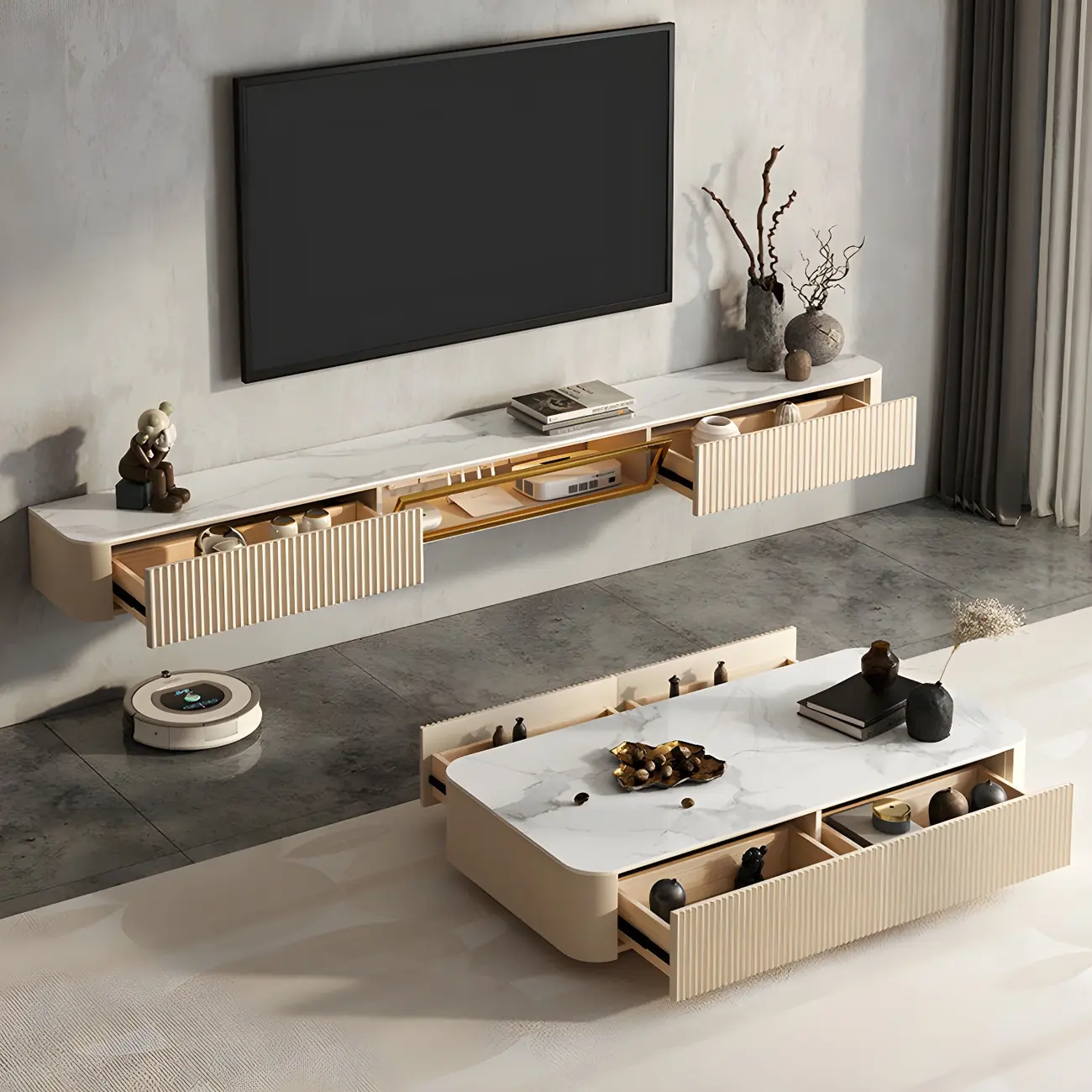 71 Beige Stone Floating TV Stand with Cable Management