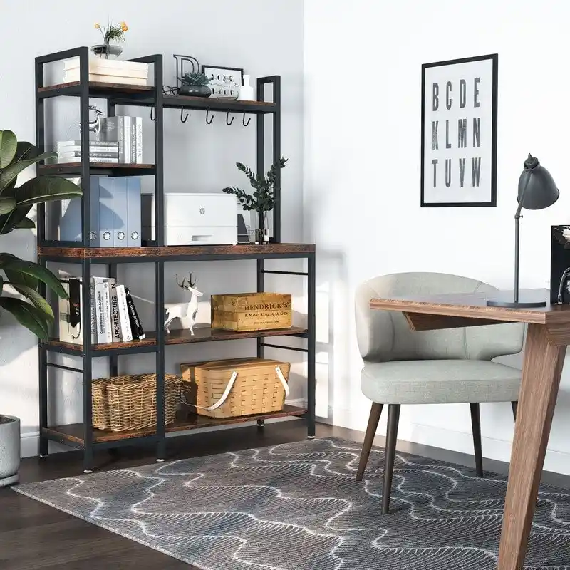 4-Tier Rustic Brown Bakers Rack with S-Shape Hooks