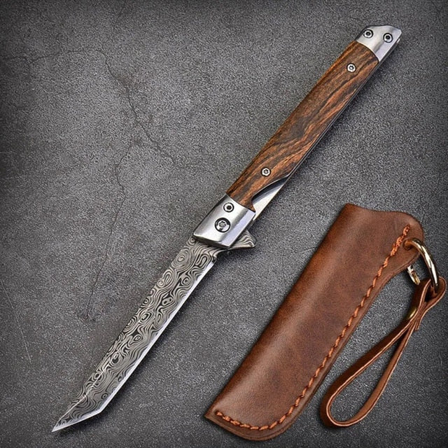 HULIANFU M390 Steel Folding Knife with Holster Wooden Handle Damascus Pattern High Hardness Outdoor Hunting Knife  Camping Survival Tools - Deanwangkt