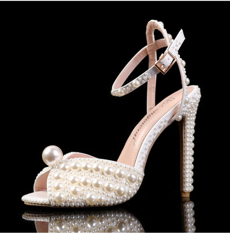 Women Sandals Fashion High Quality Wedding Shoes Women New Pearls Studs Luxury Peep Toe High Heels Buckle Woman Sandal 43 - Deanwangkt