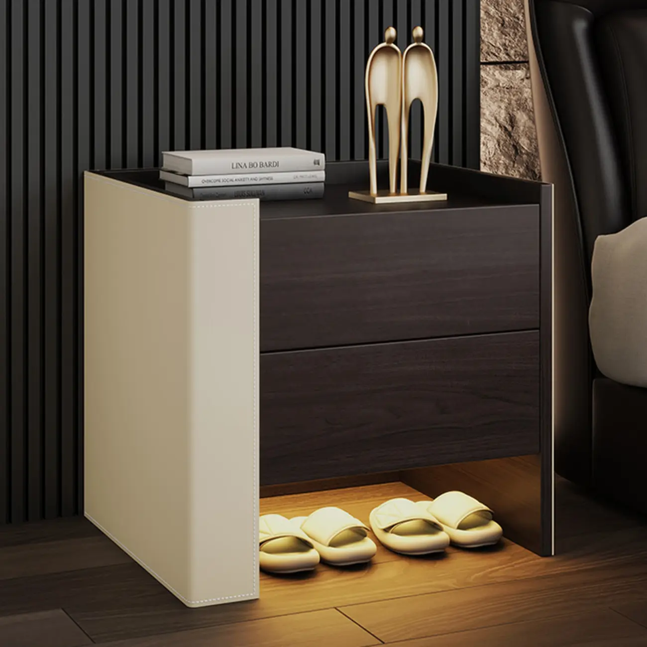 Off-White Wooden Drawer Storage Nightstand with Light