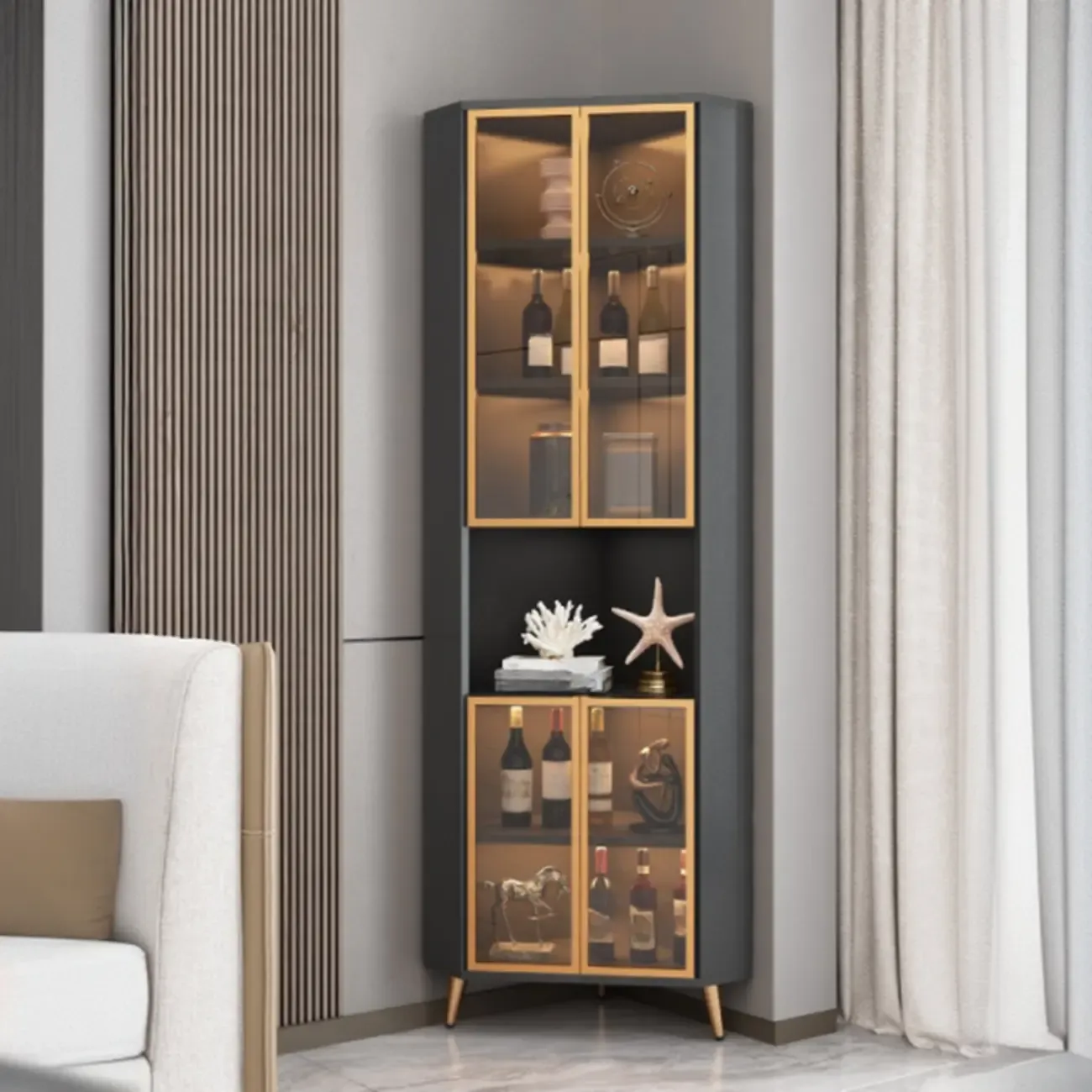 Modern Gray Wood Gold Glass Door Display Corner Cabinet