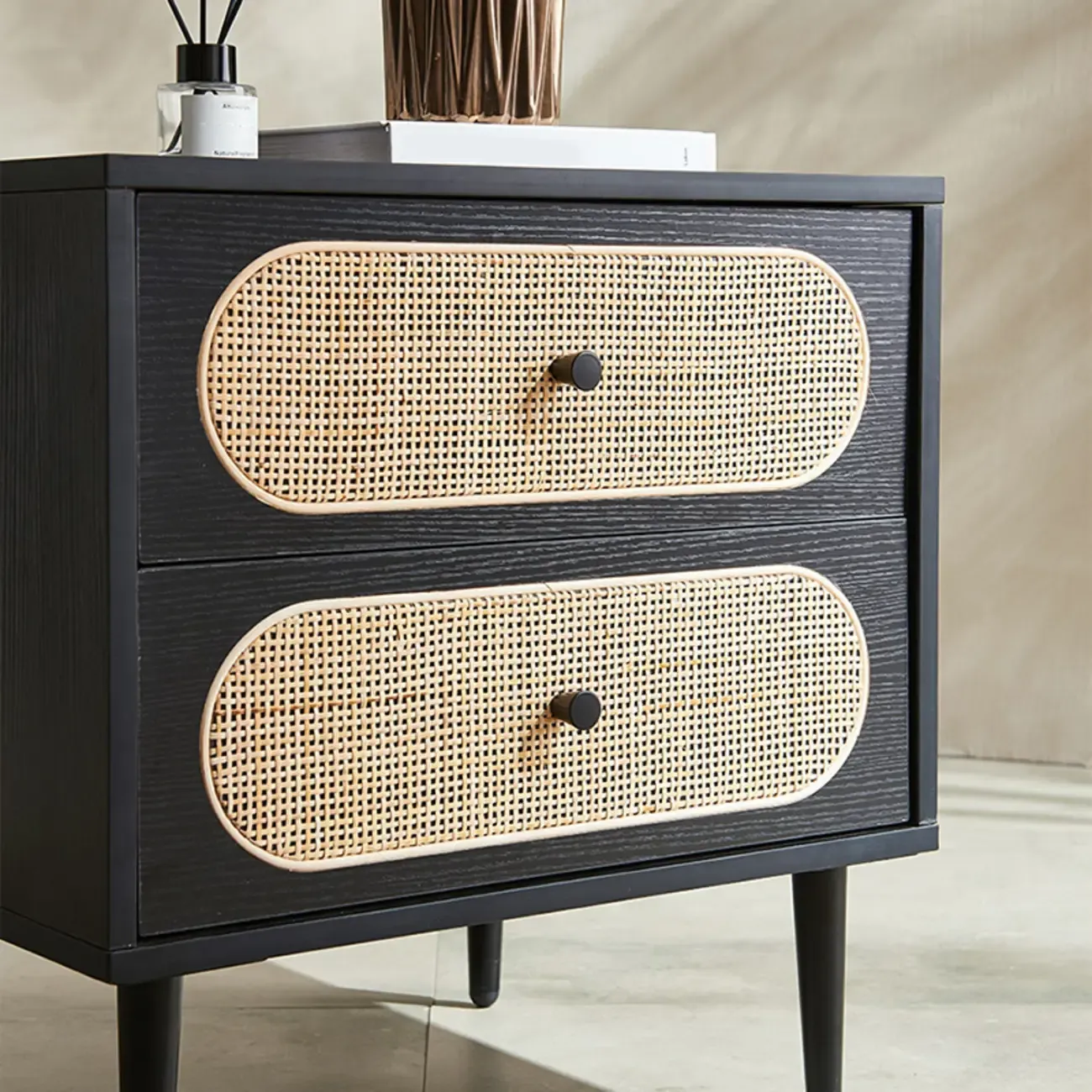 Modern Rattan Espresso Wood 2-Drawer Nightstand