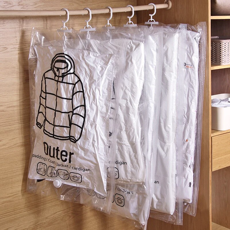 HULIANFU Transparent Clothes Compression Bag, Down Jacket Hanging Zipper Storage Bag, Clothes Organizer Plastic Bag, PE Plastic, Vacuum S - Deanwangkt