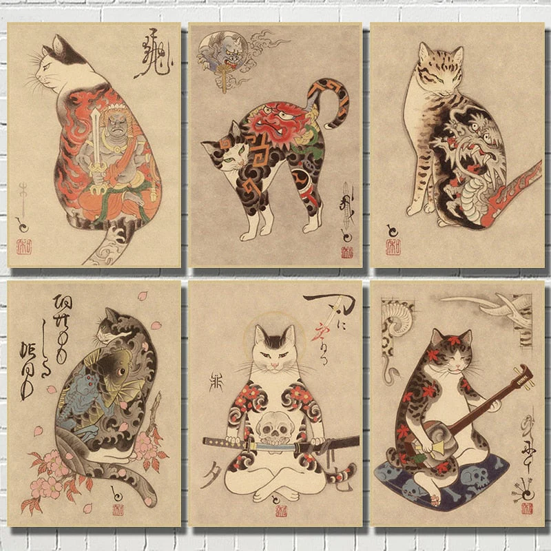 HULIANFU Japanese samurai cat tattoo cat vintage poster wall art sticker painting living room decoration bedroom print picture - Deanwangkt