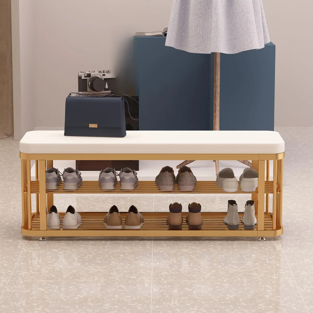 Glam Gold Metal Upholstered Storage Bench for Entryway