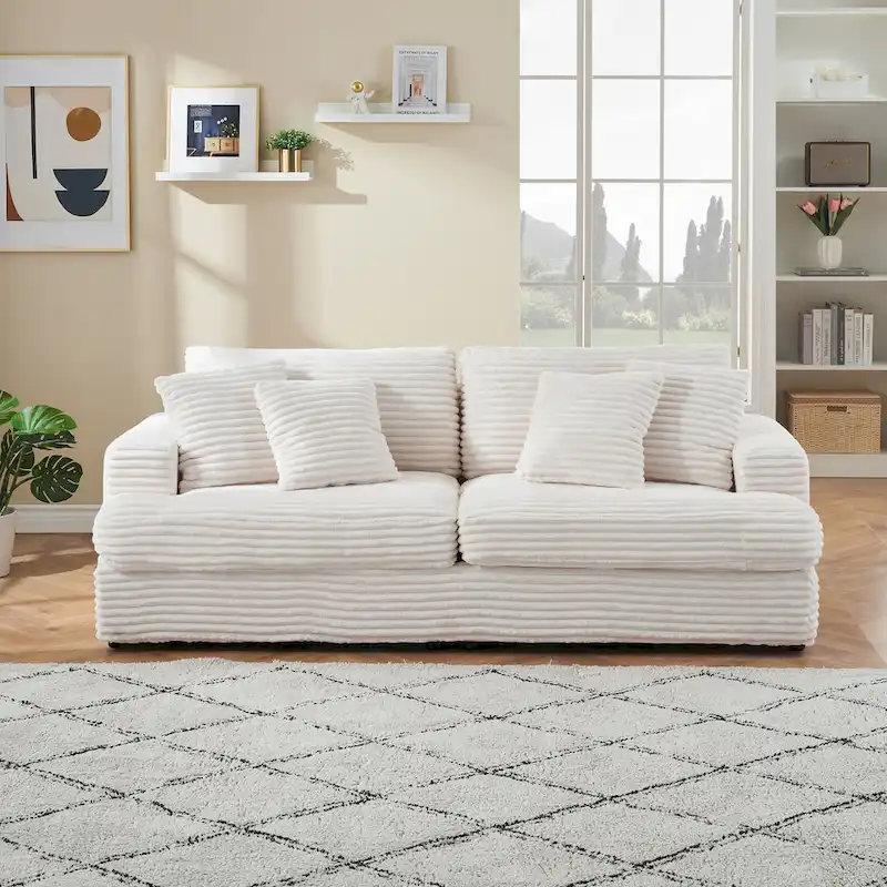79.3 Corduroy 3-seater Sofa with Toss Pillows and Spring Cushion