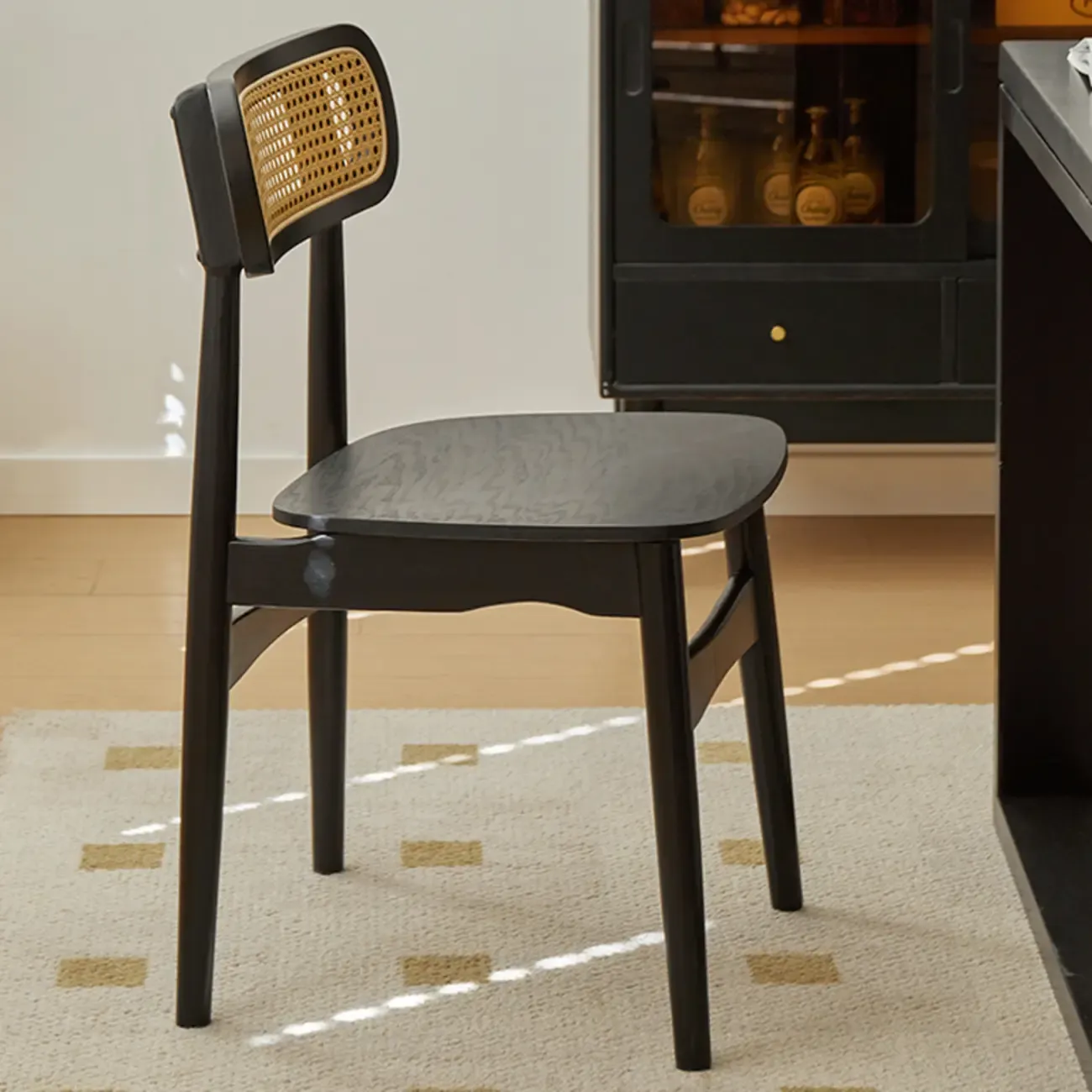 Rustic Black Wooden Armless Dining Chair with Handwoven Back