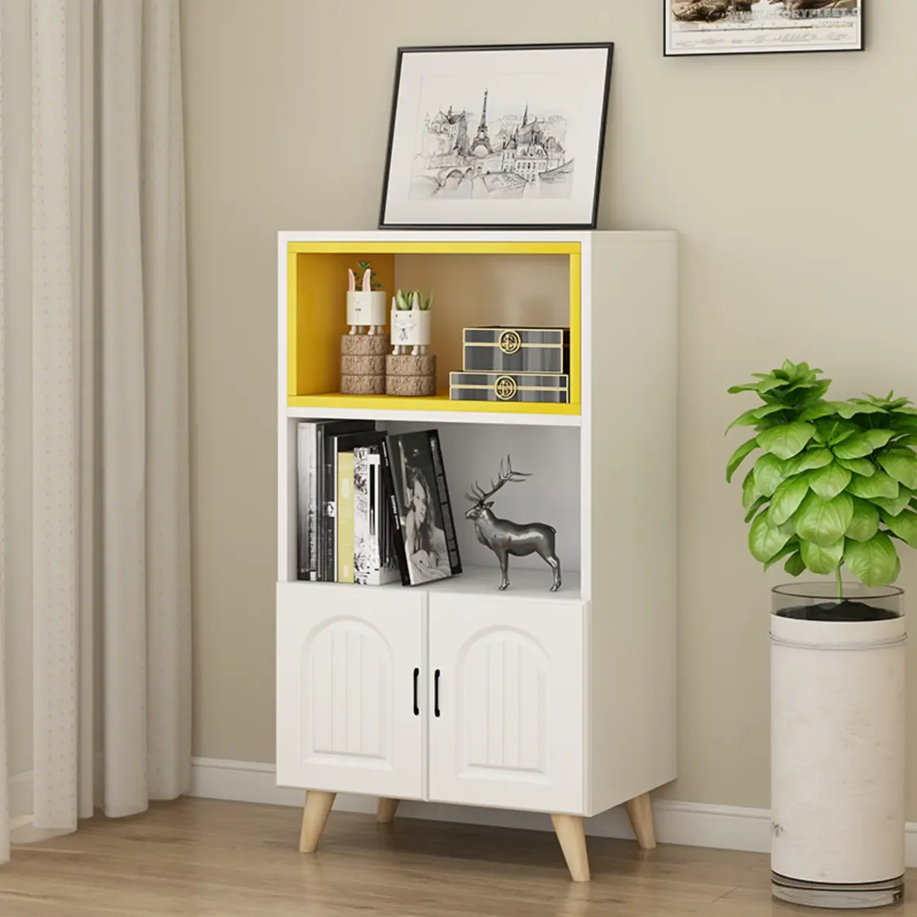 Wood 3-Tier White and Yellow Cube Bookcase with Cabinet