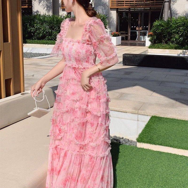 New French Floral Pink Square Collar Slim Fairy Dress Aestethic Summer Party Beach Dress Elegant Long Dresses Woman Clothes - Deanwangkt