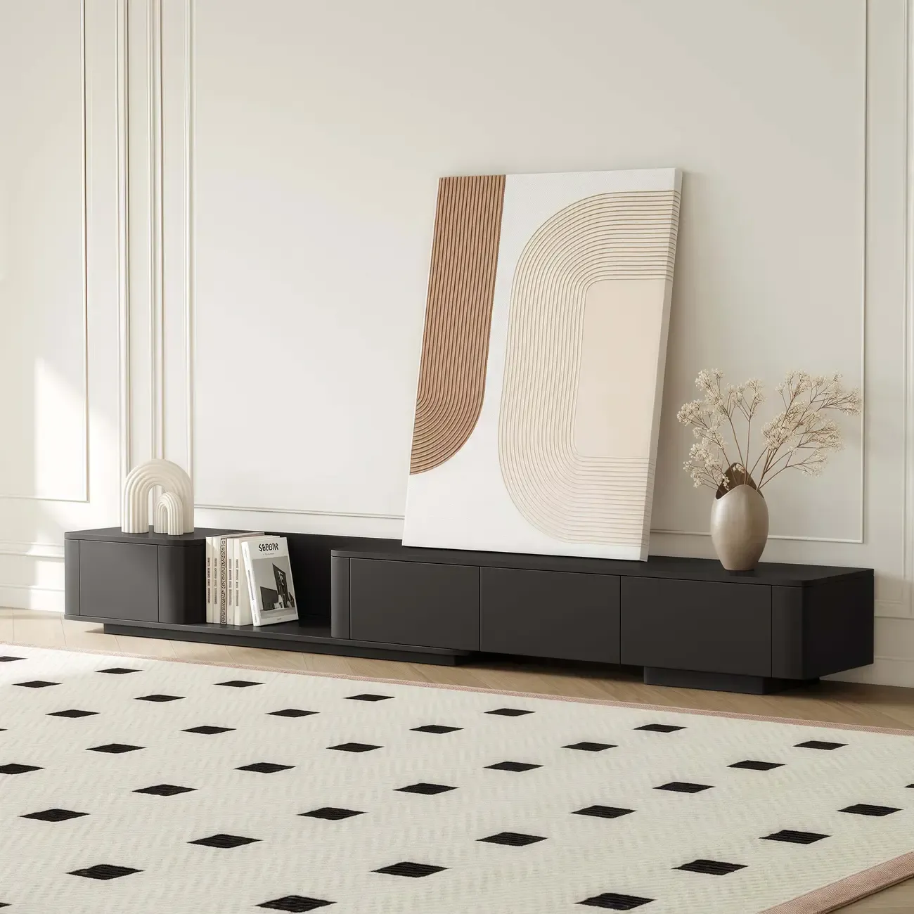 Extendable Modern Wooden White TV cabinet with Drawers