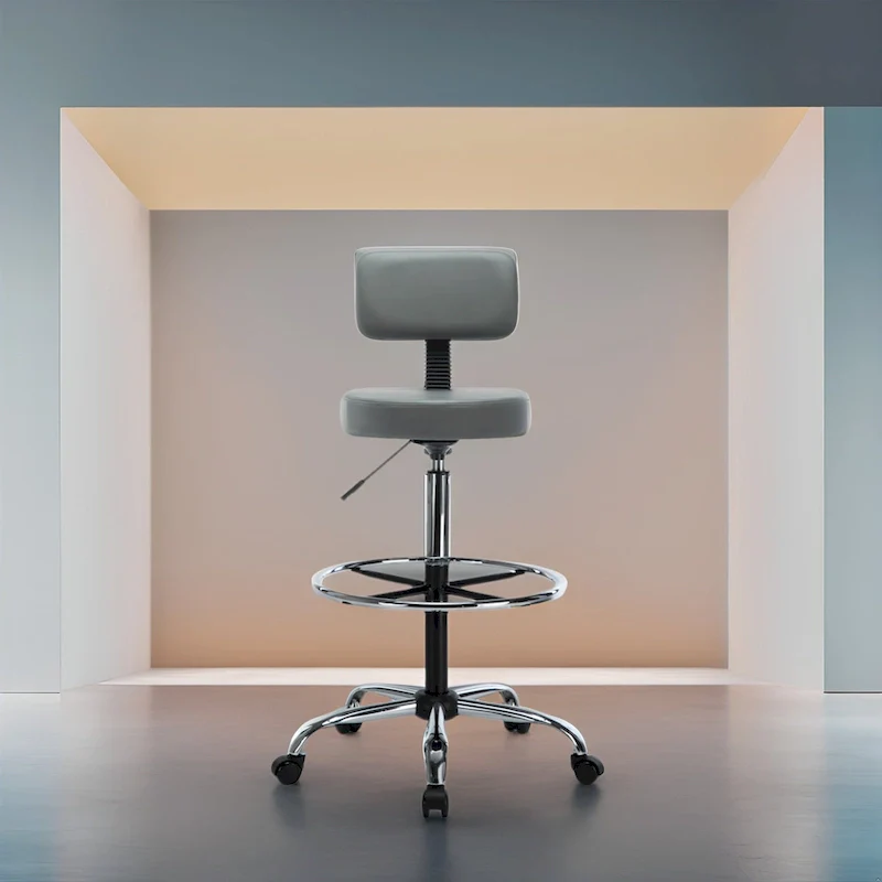 Height Adjustable Drafting Stool - With Premium Leather, Rolling Wheels