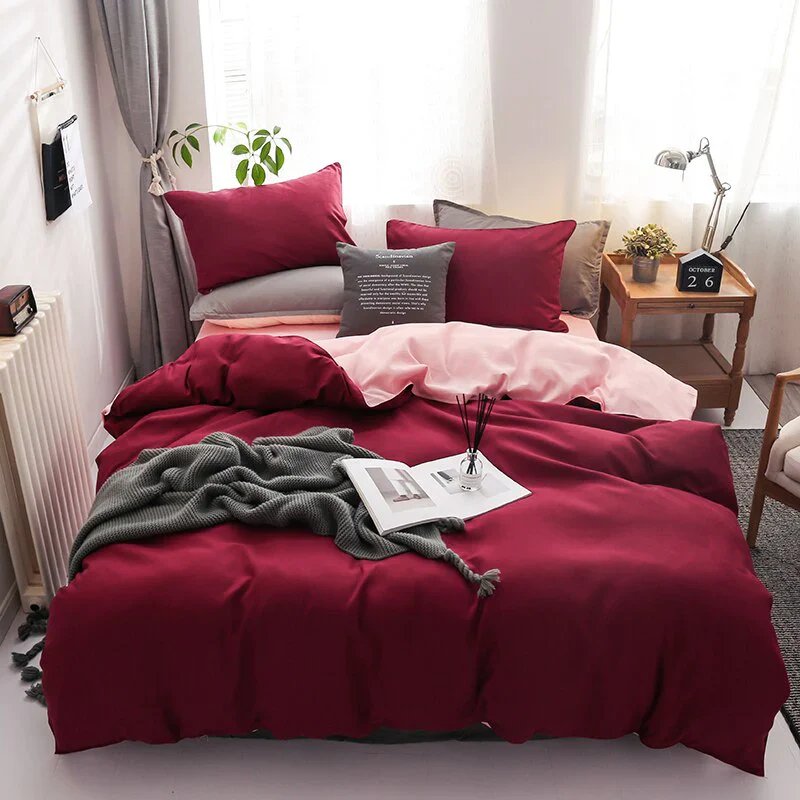 HULIANFU Nordic Double Color Bedding Set Single Queen King Duver Cover Set 240x220 Bed Sheet Bed Linen Pillowcase Gray Pink Quilt Covers - Deanwangkt