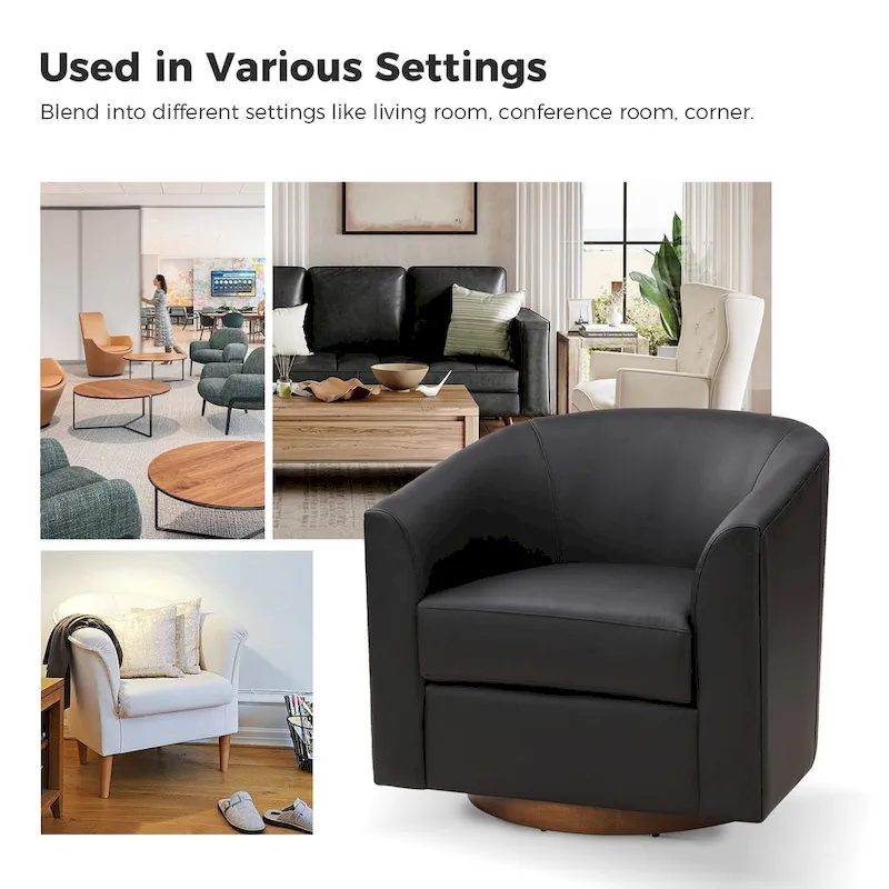 Haley Modern Swivel Barrel Faux Leather Chair with Solid Wood Base by