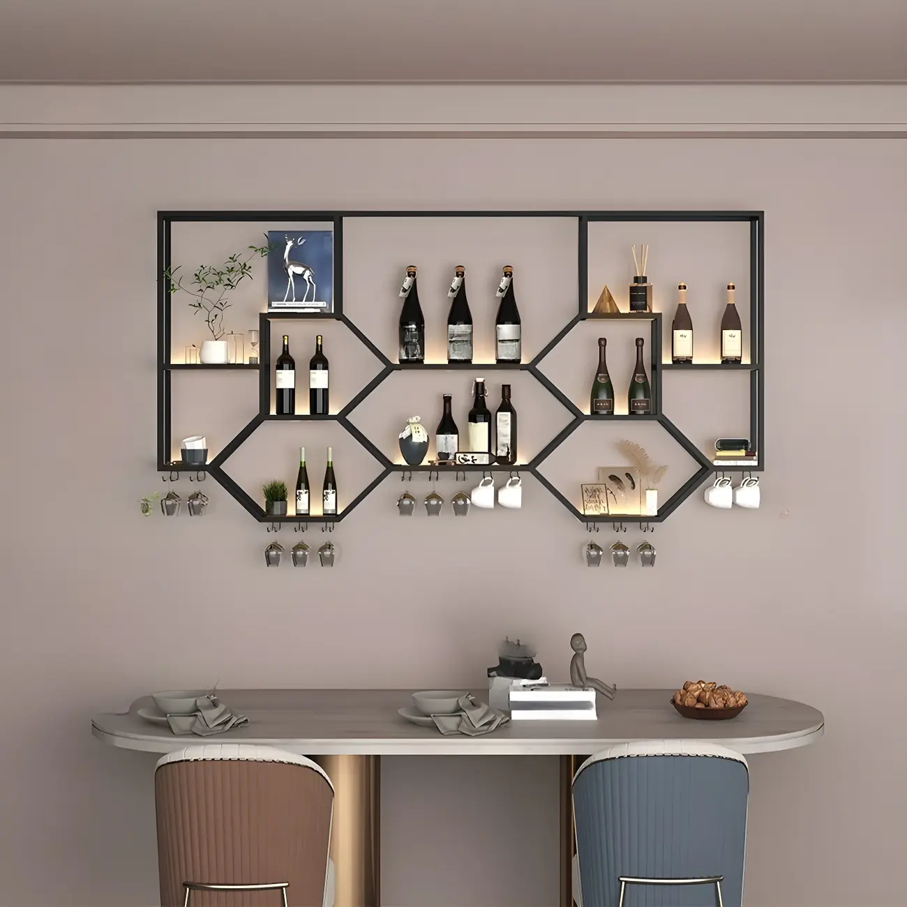 Black Metal Wall-Mounted Lighted Wine Rack