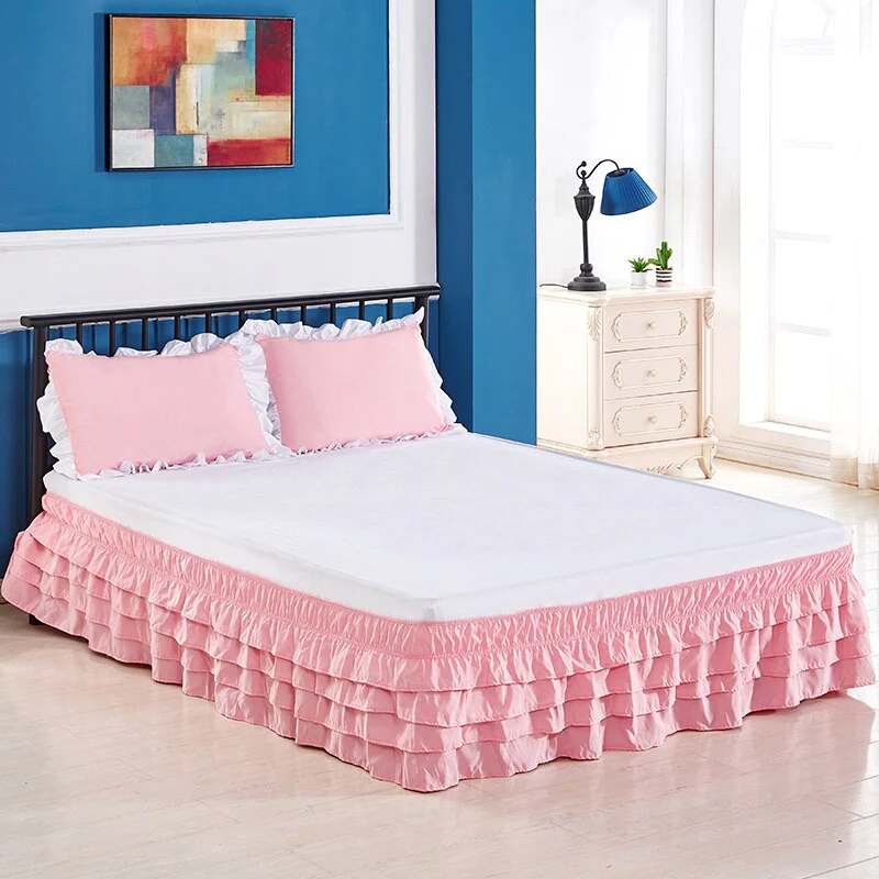 HULIANFU  4 Layers Ruffled Bed Skirt Wrap Around Elastic Bed Skirt Bed Cover Without Surface Home Hotel Bed Skirt Twin /Full/ Queen/ King - Deanwangkt