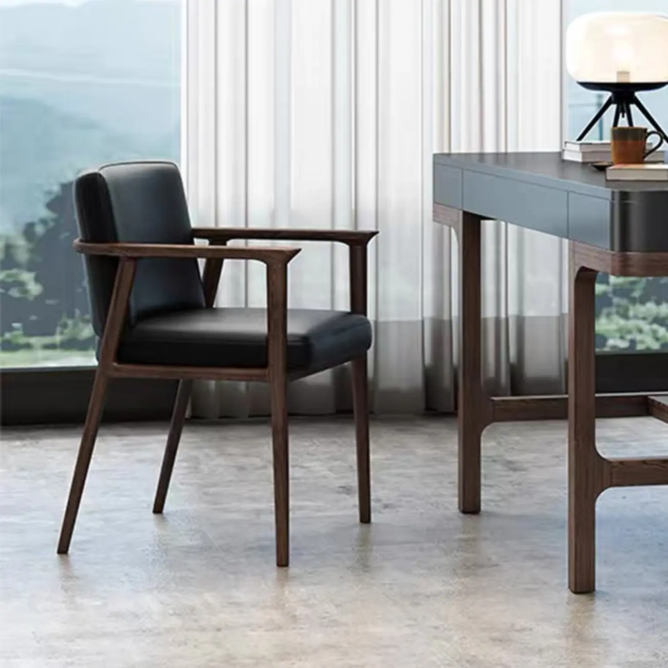 Modern Upholstered Dining Chair Square Shape with Wood Arms