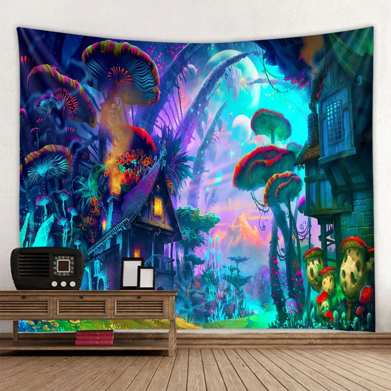 HULIANFU Psychedelic Mushroom 3D Printing Tapestry Hippie Fantasy Colorful Art Tapestry Mandala Bohemian Family Dormitory Wall Decoration - Deanwangkt