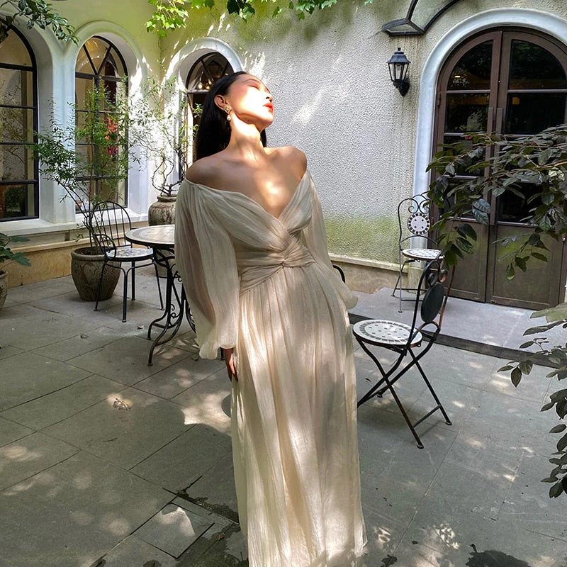 Hulianfu Vintage Korean V-neck Pleated Maxi Dresses for Women Ladies Party Fringed Lace Puff Sleeve Ruffled Lady Dreses Elegant Summer - Deanwangkt