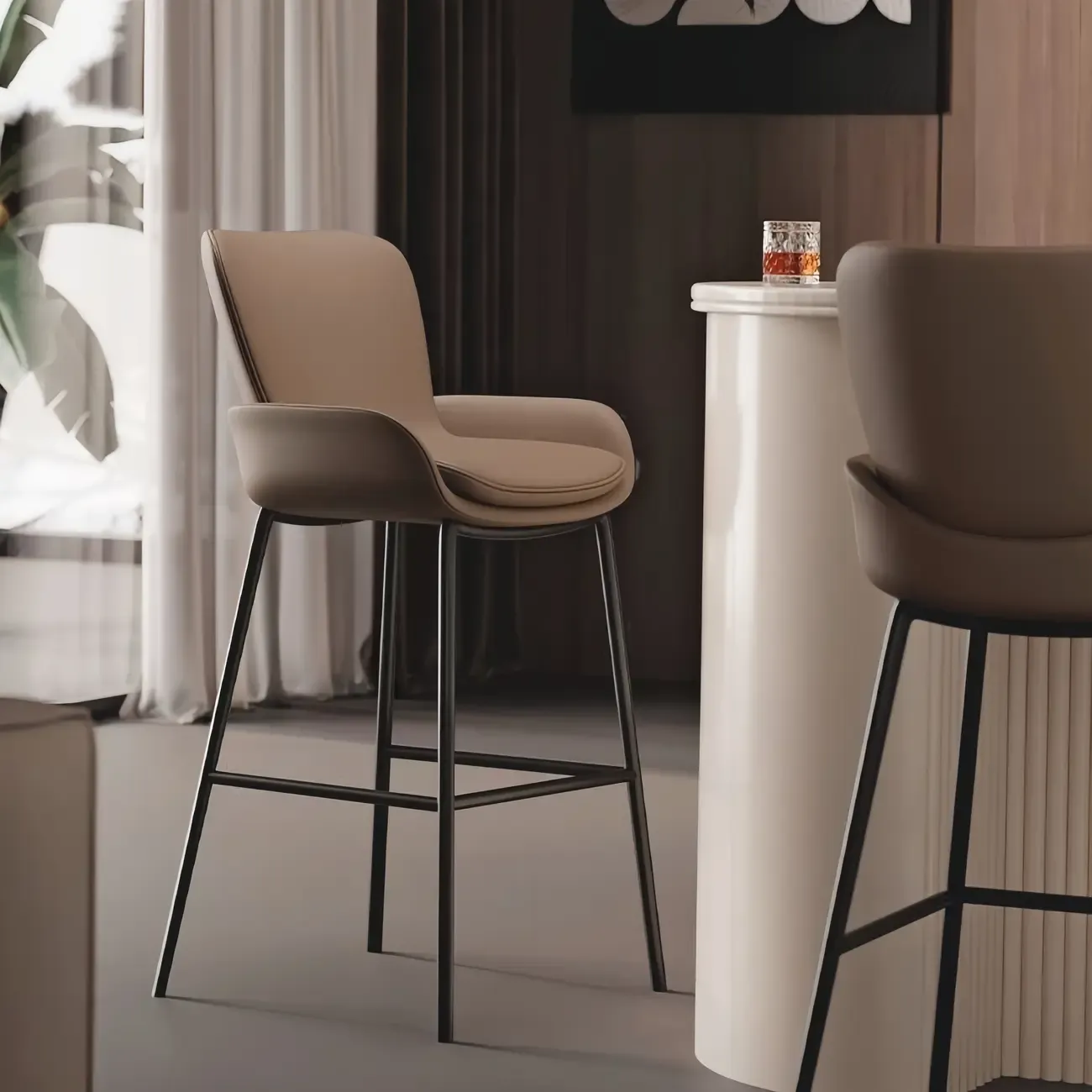 Simple Beige Leather Counter Bar Stools with Back
