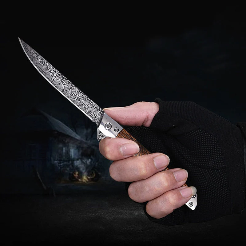 HULIANFU M390 Steel Folding Knife with Holster Wooden Handle Damascus Pattern High Hardness Outdoor Hunting Knife  Camping Survival Tools - Deanwangkt