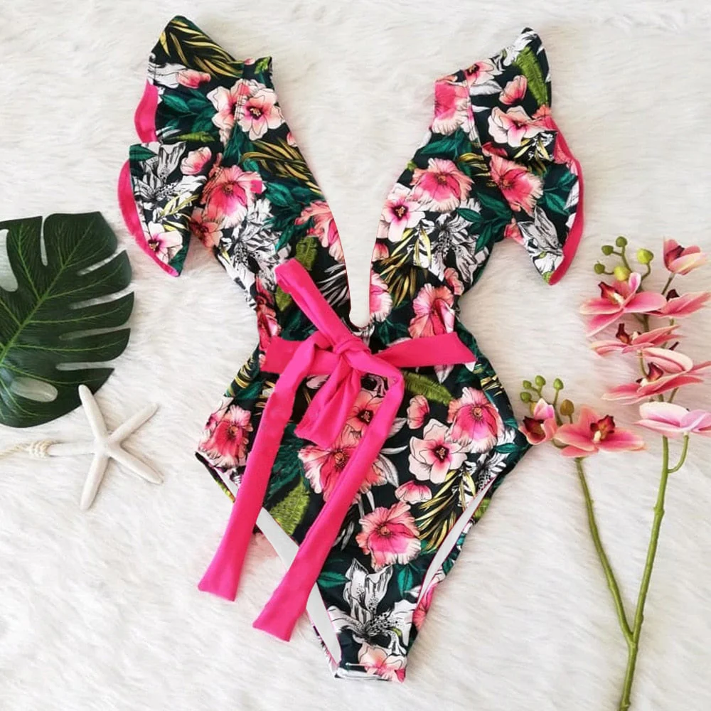 New Sexy Ruffle Print Floral One Piece Swimsuit Off The Shoulder Swimwear Women Solid Deep-V Beachwear Bathing Suit Monkini - Deanwangkt