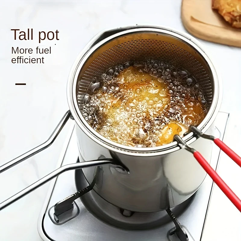 1pc Japanese-Style Mini Deep Fryer Pot - 304 Stainless Steel Gas Frying Pot with Filter Net for Tempura Oil Saving - Compact Space-Saving Design for Household Kitchen - Deanwangkt