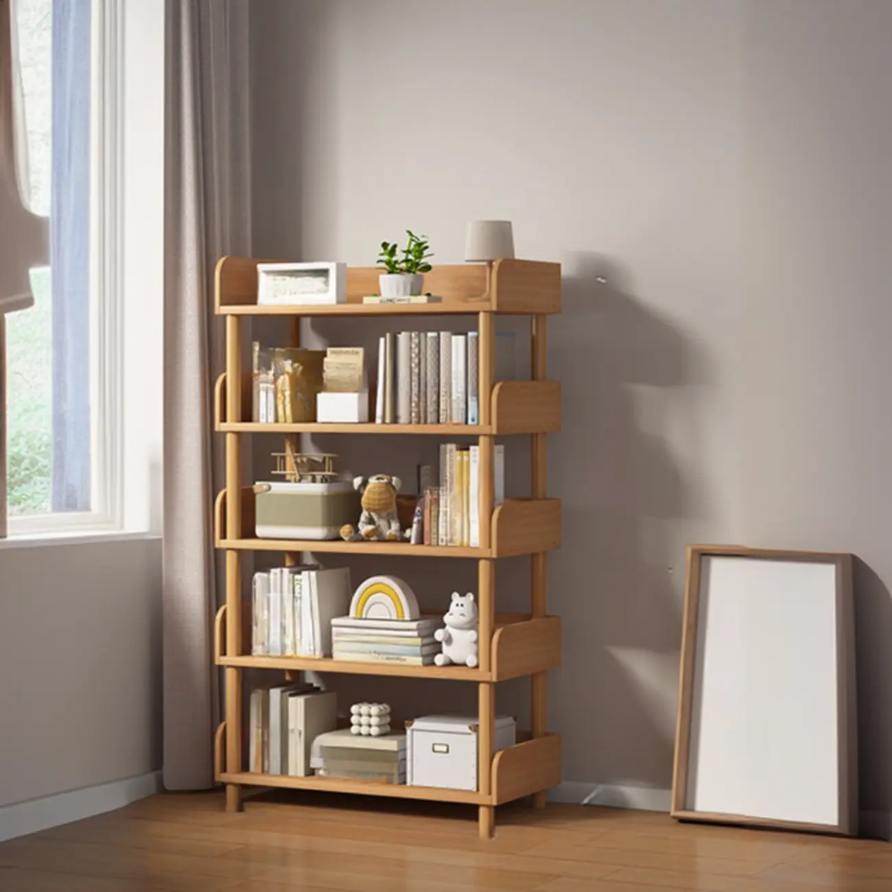 Vertical Natural Multi-Shelf Open Back Wood Bookcase