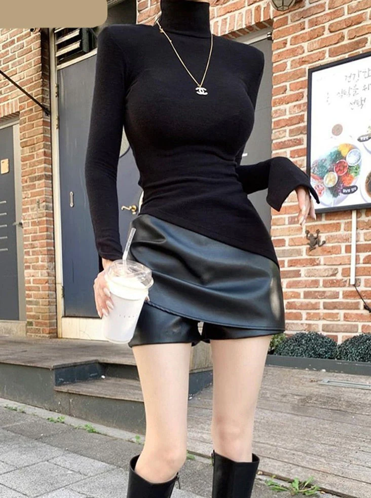 Hulianfu Turtleneck Shrug Basic T-shirt Women Stand Neck Long Sleeve Crop Top Chic Hem Black Tops Sexy Design Bodycon Tee Autumn - Deanwangkt