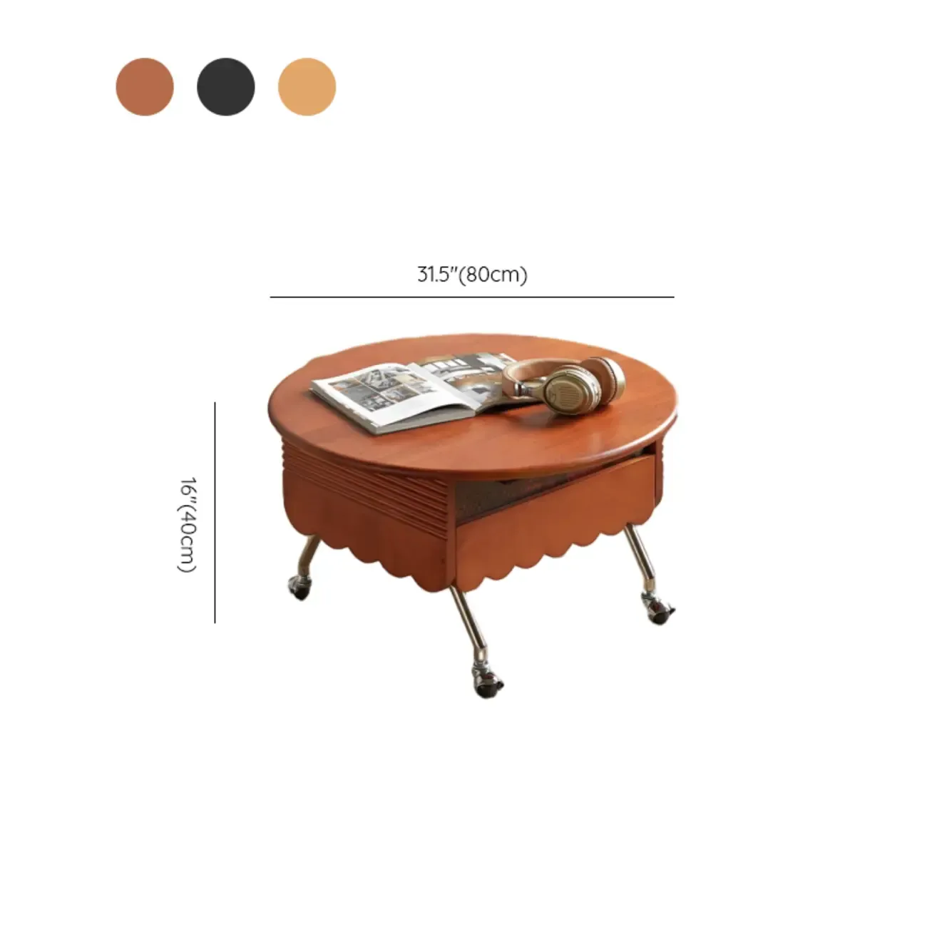 Adjustable Walnut Wood Flower Shaped Coffee Table with Wheels