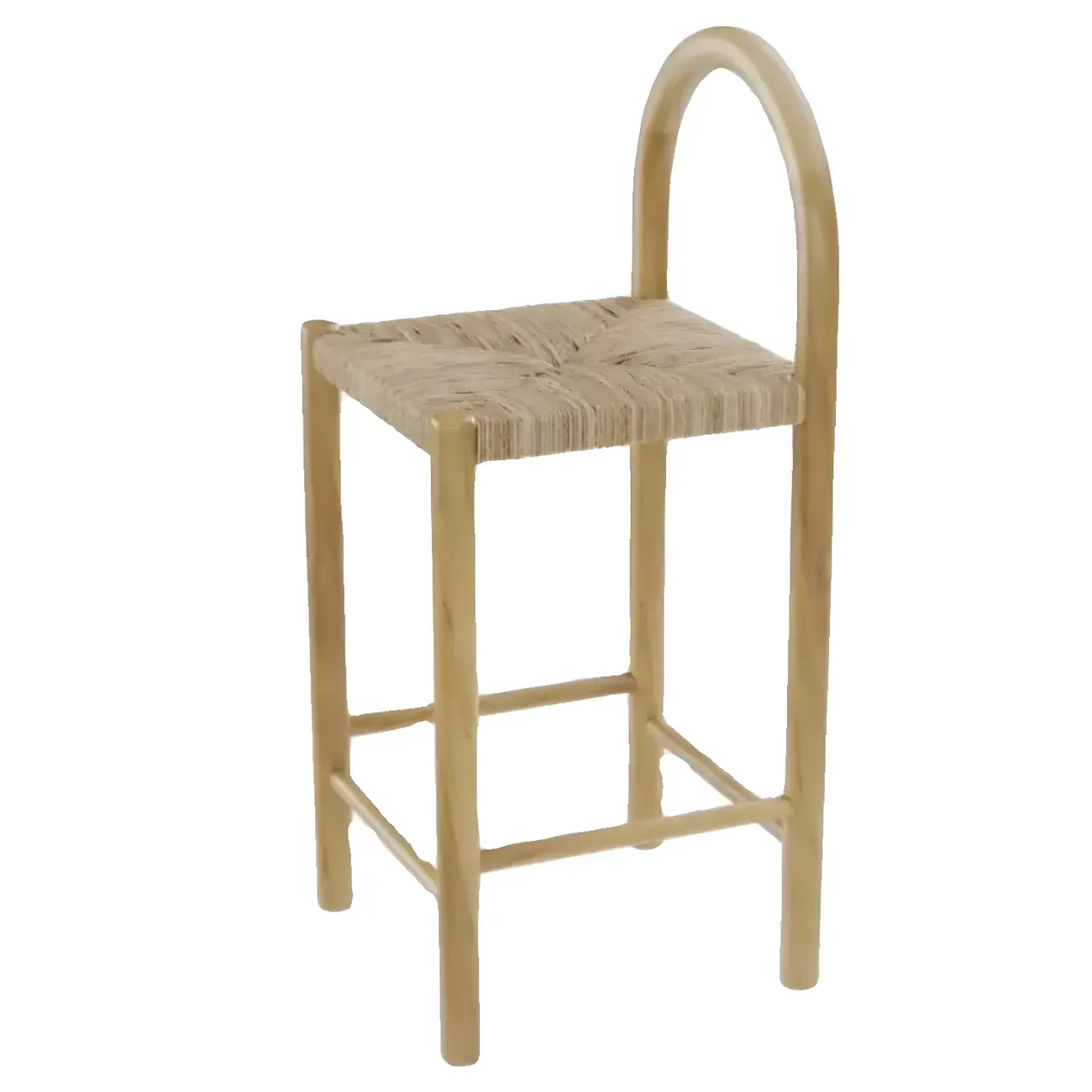 Rustic Wood Natural Rattan Bar Stool with Footrest