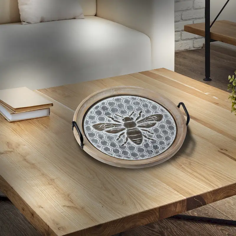 Wood And Metal Bee Honeycomb Tray 17.25 D