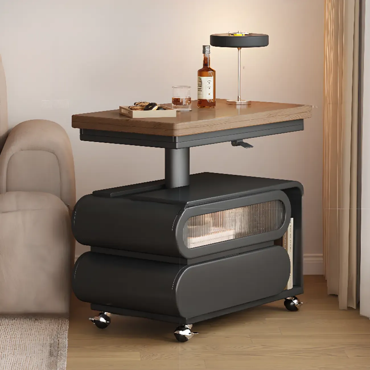 Adjustable Tabletop Modern Wood Side Table with Wheels