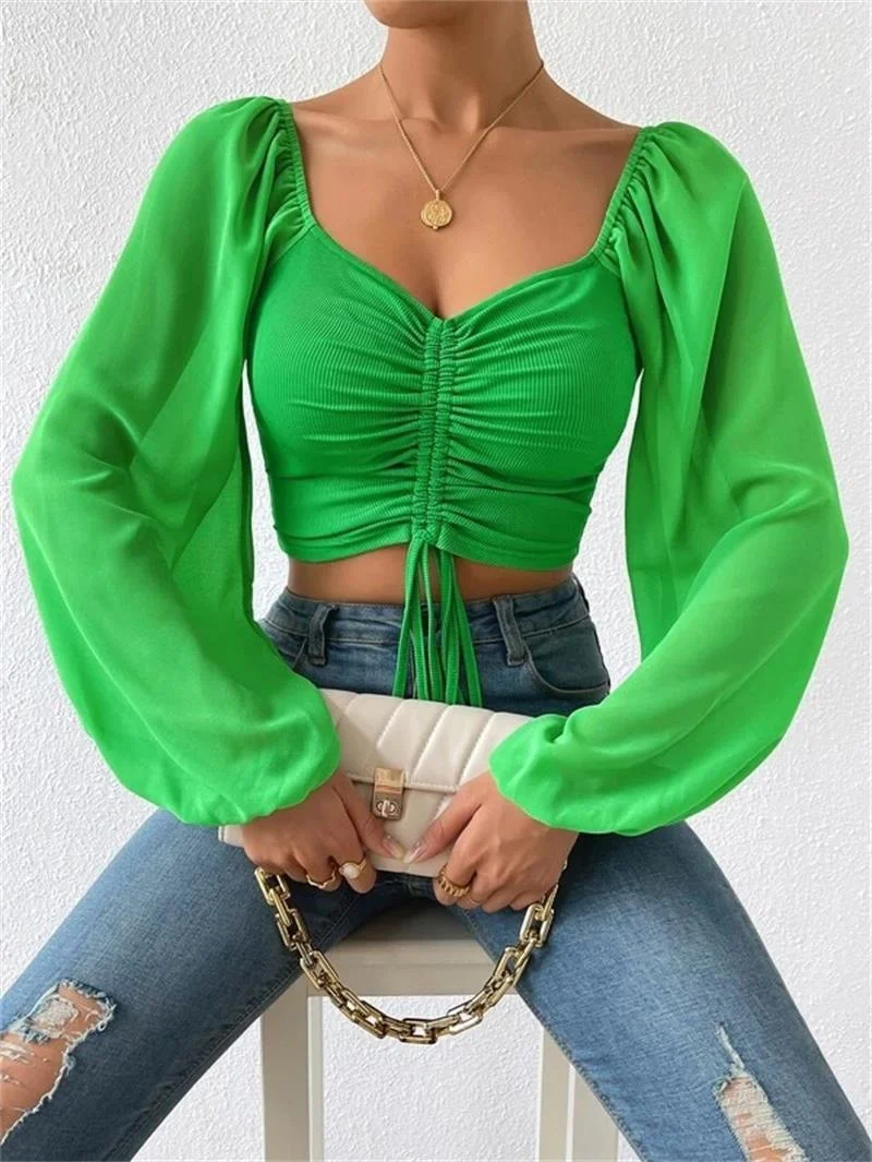 Hulianfu Fashion Sexy Low-cut Long Sleeve Crop Tops Women 2026  Summer Autumn Slim Solid Top Femme And Blouses Chiffon Shirt - Deanwangkt