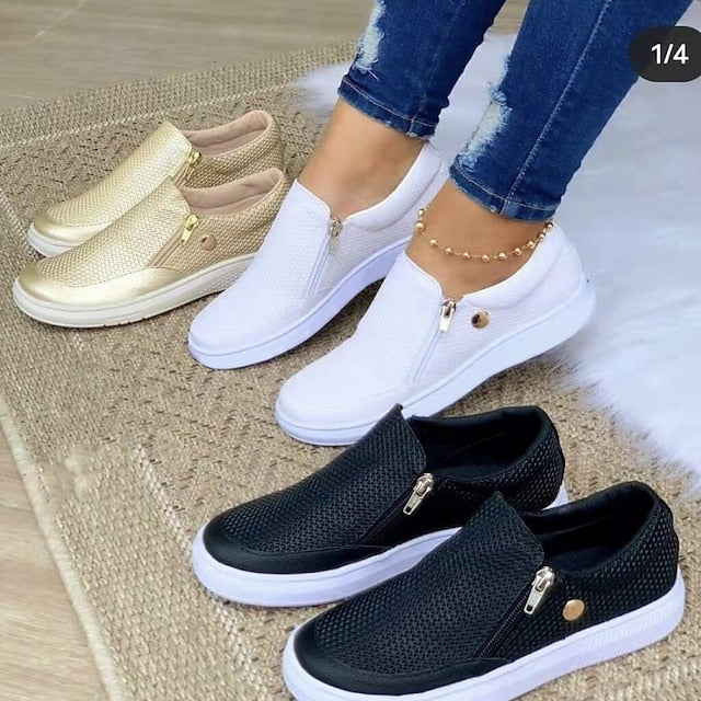 Women's Sneakers Plus Size Slip-on Sneakers White Shoes Outdoor Daily Flat Heel Round Toe Basic Casual Minimalism Walking Shoes Mesh Zipper Solid Color Black White Gold - Deanwangkt