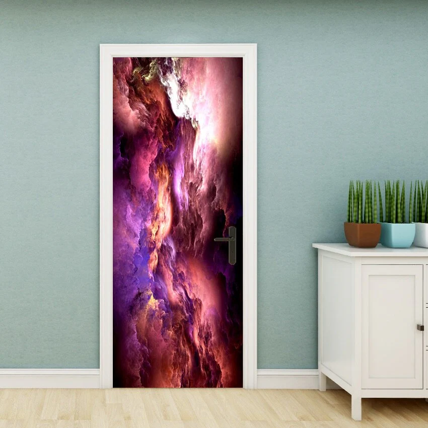 HULIANFU PVC Material Self-adhesive Door Stickers Art Colorful Light Tie-dye Blooming Abstract Home Decor Poster Door Decoration Stickers - Deanwangkt