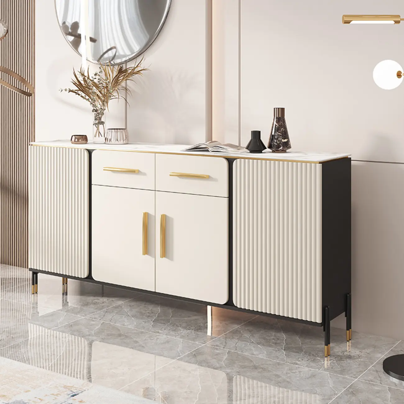 Glam White Sideboard with Stone Top and Drawers