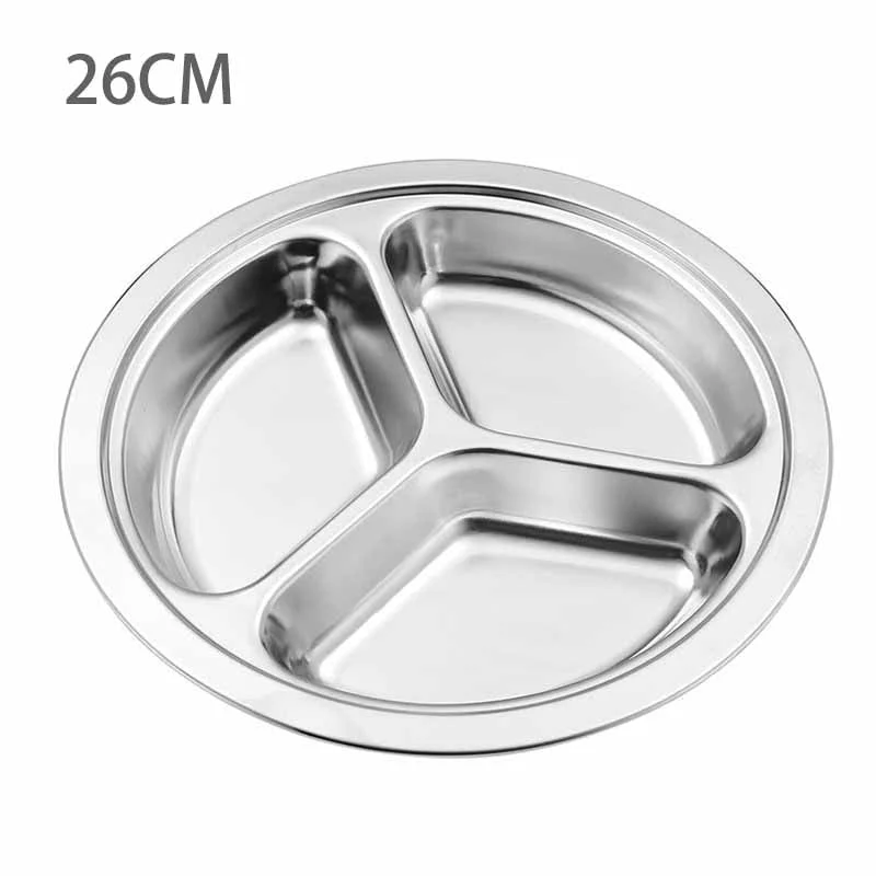 HULIANFU Stainless Steel Dinner Plate 3 Sections Round Divided Dish Children Fruit Snack Tray Baby Bowls Kitchen Tableware Dia 22/24/26cm - Deanwangkt