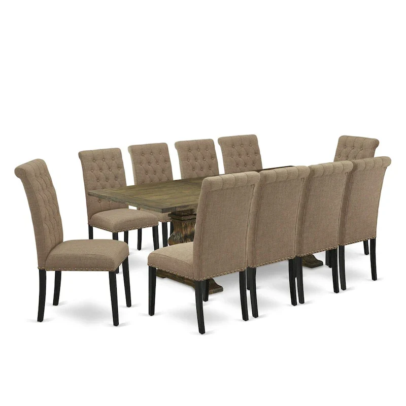 East West Furniture 11 Piece Dining Set- a Dining Table and 10 Light Sable Linen Fabric Chairs(Finish Options)