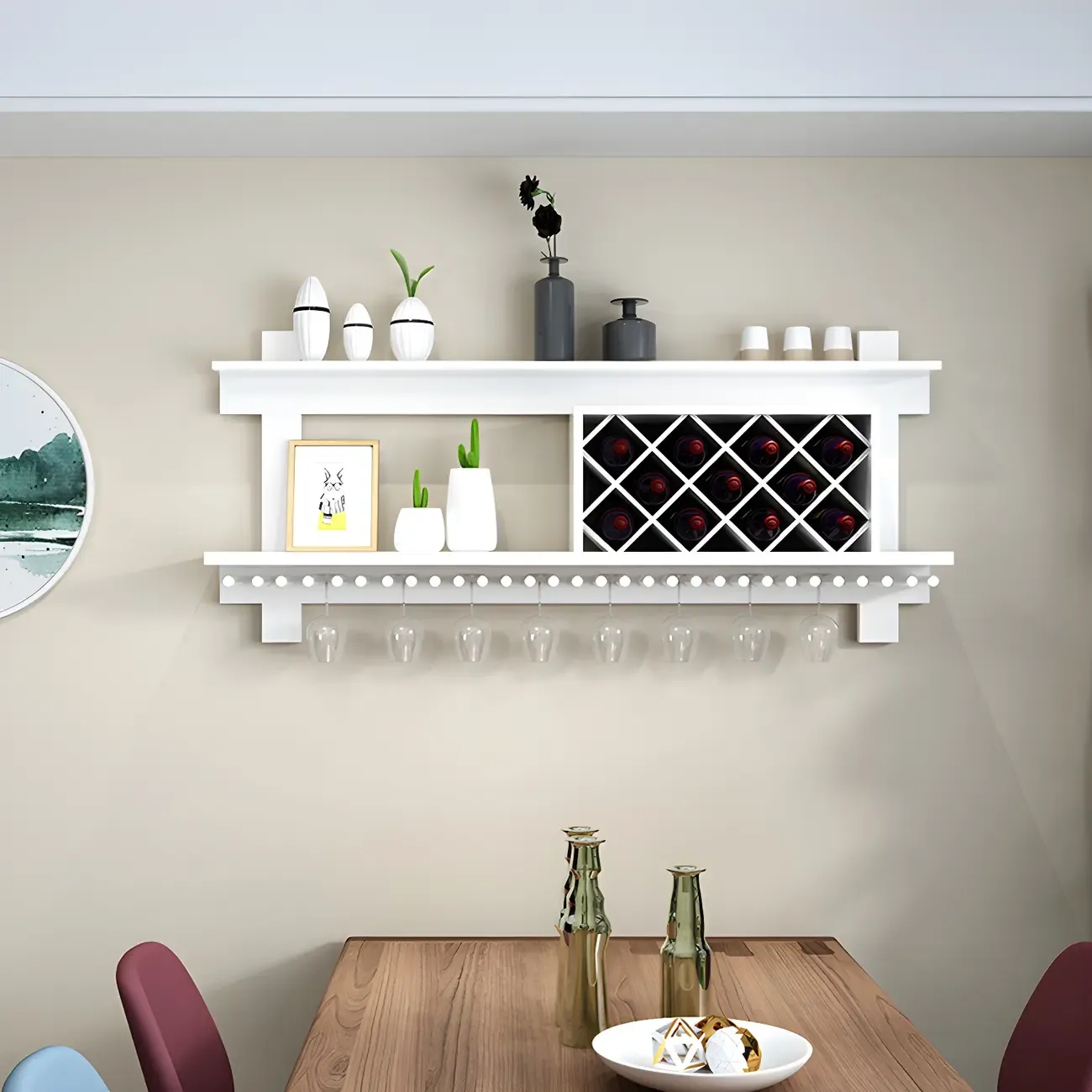 Pine Wooden Wall-Mounted Display Open Wine Bottle & Glass Rack