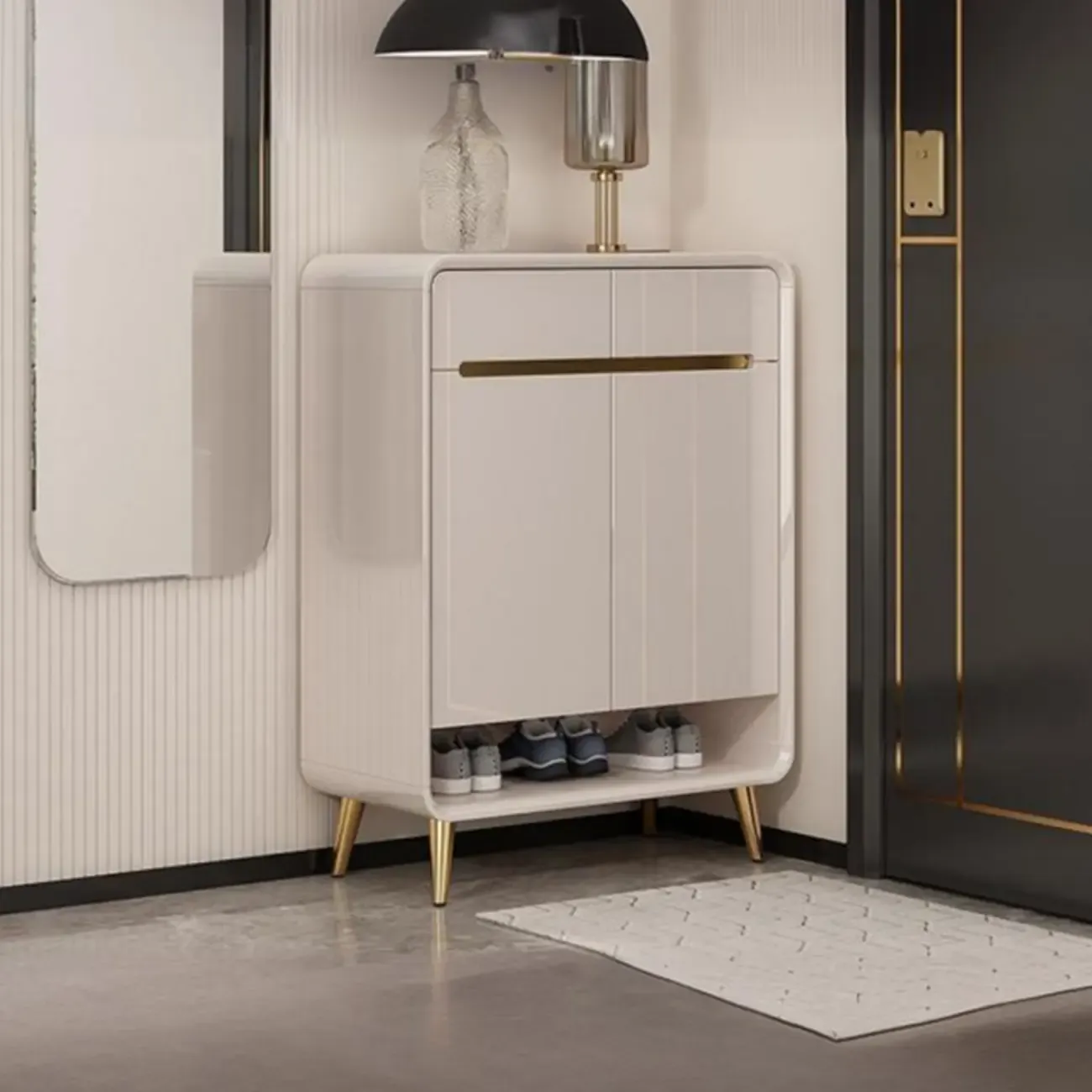 Glam Beige Solid Wood Shoe Cabinet with Display Top