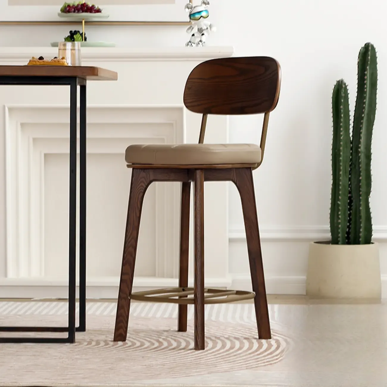 Wooden Square Leather Upholstered Bar Stool with Backrest
