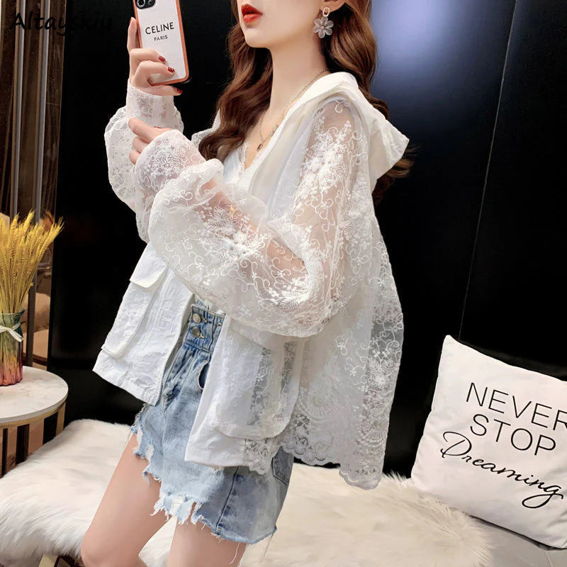 Hulianfu Basic Jackets Women Lace Hollow Out Elegant Sun-proof Summer Vacation Simple All-match Mujer Loose Leisure Thin Korean Fashion - Deanwangkt