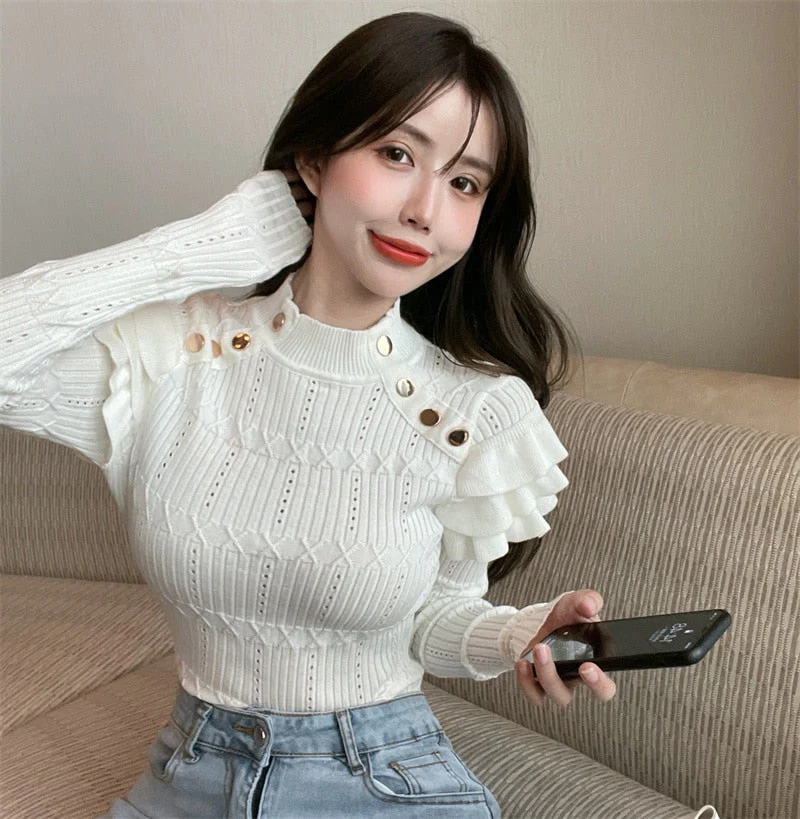 Hulianfu Full Sleeve Turtleneck Buttons Sweater Jumpers Girls Stretchy Chic Ruffles Autumn Spring Sweaters Pullovers Tops Women - Deanwangkt