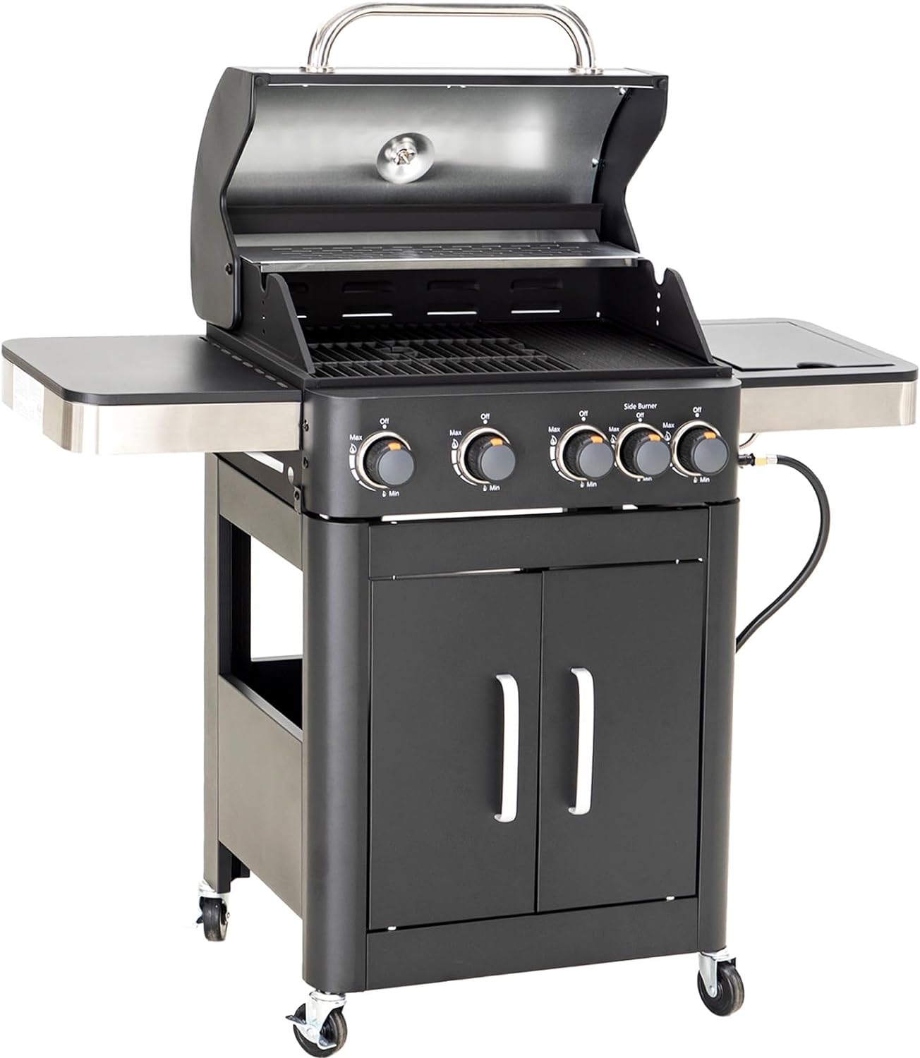 Burner Gas grill with side burner and enameled cast iron grille 42,000BTU outdoor cooking stainless steel propane grill 橱柜式 Garden grill, silver