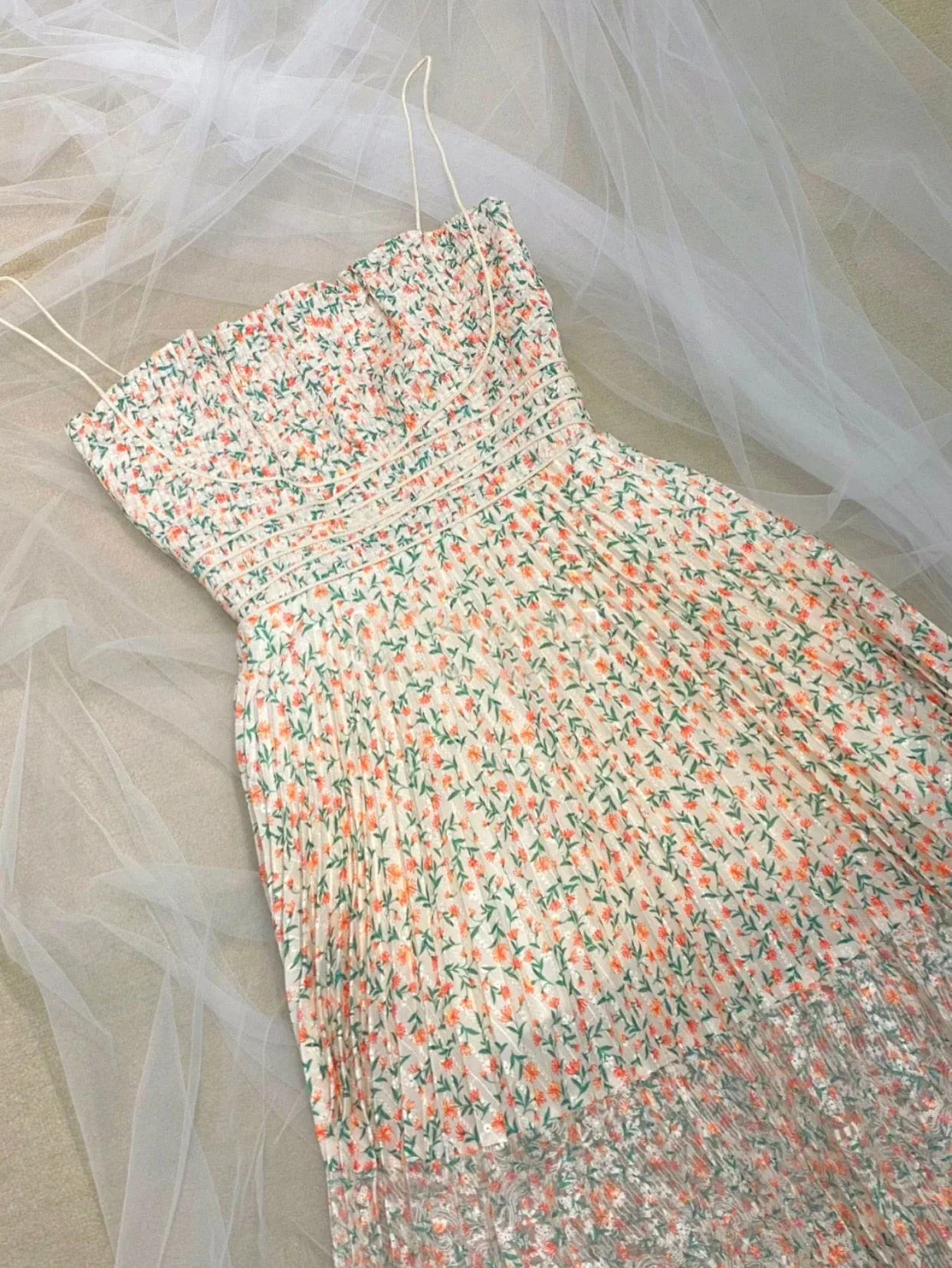 French Style Summer Vintage Floral Pleated Dress Women Spaghetti Strap High Waist Pleated Beach Dress - Deanwangkt